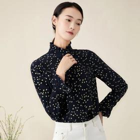 玳莎立领真丝衬衫女早秋新款木耳边设计桑蚕丝印花长袖上衣  BC31305