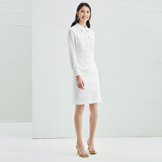 EITIE爱特爱春季新款气质翻领蕾丝温柔白色复古收腰显瘦连衣裙A2207925 商品图2