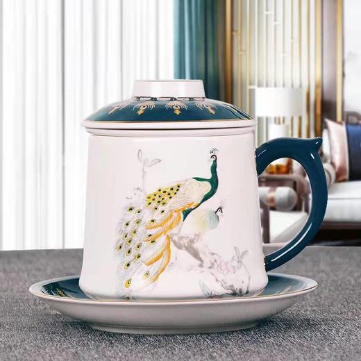 戴德生活馆唐山博玉骨瓷手绘孔雀杯子骨瓷茶漏杯泡茶水杯茶水分离大容量家用中式大号茶杯 商品图0