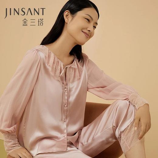 金三塔100%桑蚕丝真丝睡衣 蕾丝拼接时尚甜美家居服女士衣裤套    YSFCA207 商品图0
