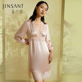 金三塔100%桑蚕丝真丝蕾丝拼接女士时尚V领美背睡裙家居服2022新品 YSFCA310