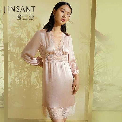 金三塔100%桑蚕丝真丝蕾丝拼接女士时尚V领美背睡裙家居服2022新品 YSFCA310 商品图0