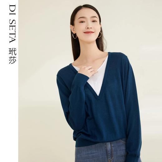 玳莎撞色假两件针织衫别致圆领通勤上衣女   CA33301 商品图0