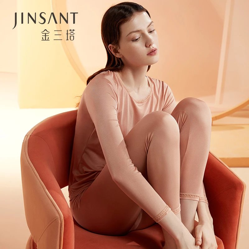 金三塔100%真丝秋衣秋裤女士秋冬长袖蚕丝圆领抗菌保暖内衣套  NYFBC101