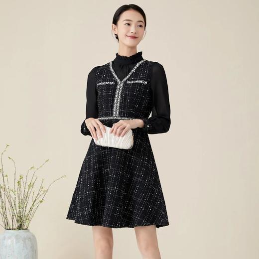 玳莎小香风气质长袖连衣裙秋冬新款A字裙小立领拼接中长款裙子  BD35303 商品图0