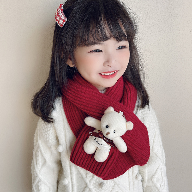 秋冬新款儿童卡通小熊针织围巾纯色交叉保暖防寒