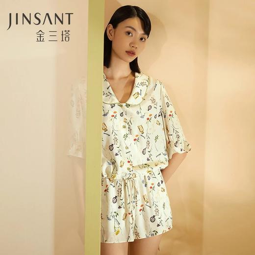 金三塔100%桑蚕丝真丝睡衣女士时尚印花宽松短袖衣裤套家居服   YSFCA408 商品图1