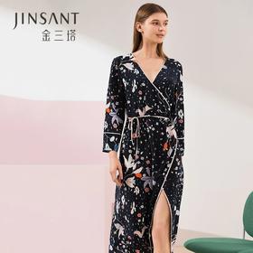 金三塔真丝印花长袖V领睡裙桑蚕丝性感可外穿家居服YSFAA326