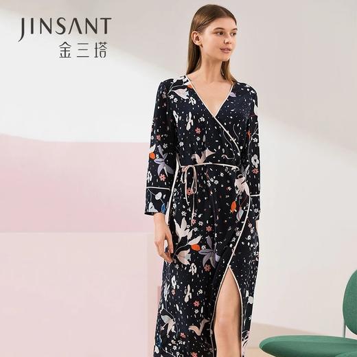 金三塔真丝印花长袖V领睡裙桑蚕丝性感可外穿家居服YSFAA326 商品图0