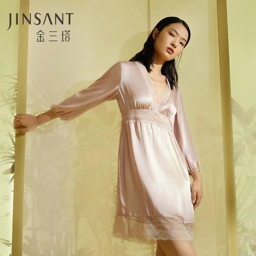 金三塔100%桑蚕丝真丝蕾丝拼接女士时尚V领美背睡裙家居服2022新品 YSFCA310 商品图1