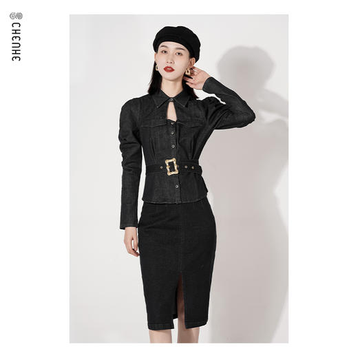 臣禾收腰泡泡袖牛仔上衣K221050301【奥莱】 商品图1