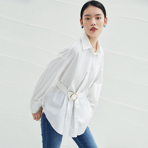 EITIE爱特爱春季新款宽松收腰气质翻领简约通勤显瘦女白衬衫A2209905 商品图2