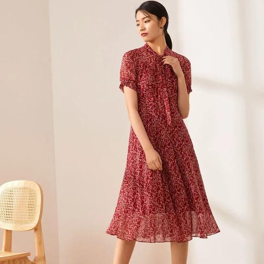 玳莎新品真丝连衣裙乔其印花短袖收腰修身真丝气质显瘦中长款裙子 BB35104 商品图0
