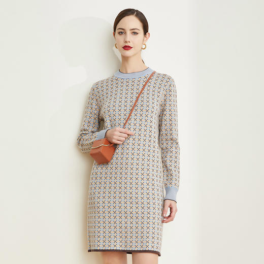 QE63A瑟俪（斯尔丽高端）舒适柔软低圆领撞色超细羊毛提花毛衣连衣裙 商品图0