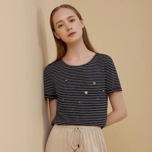 金三塔趣味喵咪真丝条纹女士短袖T恤 桑蚕丝印花打底小衫新品   3YZFBB701 商品图1