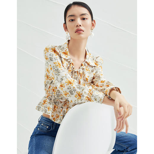 EITIE爱特爱春季新款复古翻领碎花雪纺衫时尚系带显瘦小上衣A2213905 商品图1