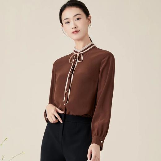 玳莎真丝立领衬衫早秋新款优雅别致撞色木耳边领衬衫长袖上衣   BC31312 商品图2