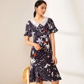 玳莎荷叶边真丝连衣裙女高端气质桑蚕丝中长款显瘦妈妈鱼尾裙   BB35102