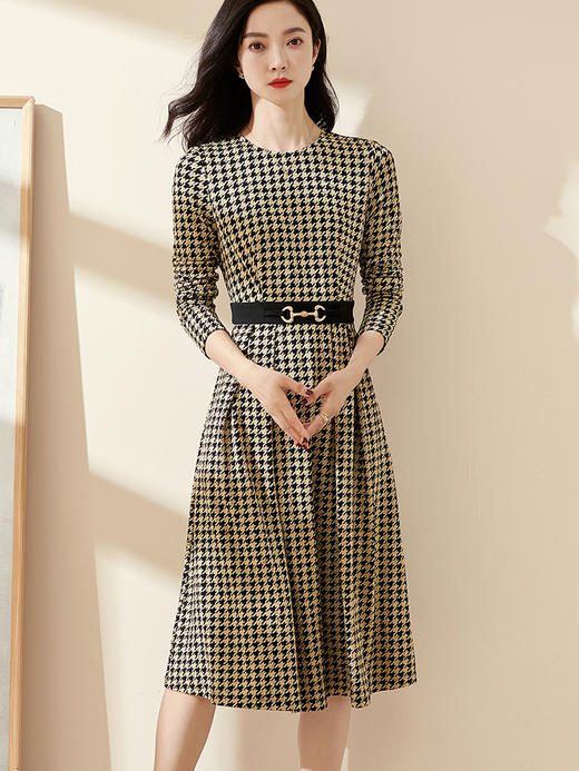 剩S 米思阳2025春季新款时尚千鸟格针织中长裙修身显瘦大摆连衣裙0297 商品图2