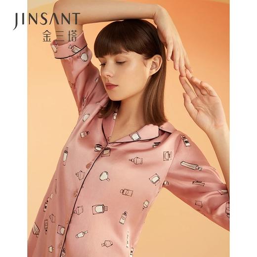 金三塔真丝趣味印花衬衫睡裙100%桑蚕丝家居服睡衣 YSFBA324 商品图1