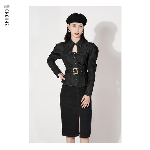 臣禾收腰泡泡袖牛仔上衣K221050301【奥莱】 商品图2