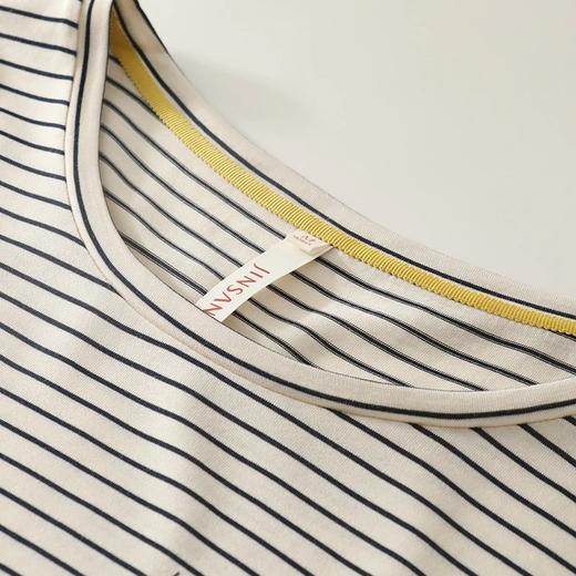 金三塔趣味喵咪真丝条纹女士短袖T恤 桑蚕丝印花打底小衫新品   3YZFBB701 商品图3