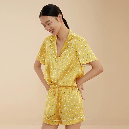 金三塔桑蚕丝新品弹力印花可外穿小翻领衣裤套短袖短裤睡衣女YSFBB411 商品图3