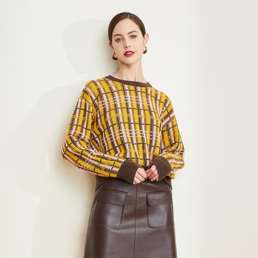 QE64A瑟俪（斯尔丽高端）舒适柔软低圆领撞色超细羊毛长袖毛衣针织衫 商品图0