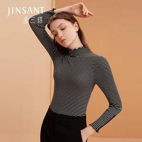 金三塔真丝打底衫女经典黑白条纹罗纹亲肤舒适高领内搭长袖上衣    3NZFBC729
