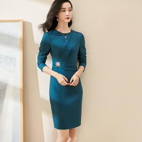 剩S/M 米思阳2025春季新款时尚通勤修身显瘦一步裙纯色长袖连衣裙0034