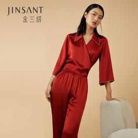 金三塔19姆米重磅100%桑蚕丝真丝红色婚庆本命年衣裤套睡衣女   YSFCA201
