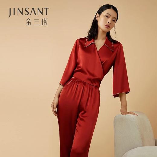 金三塔19姆米重磅100%桑蚕丝真丝红色婚庆本命年衣裤套睡衣女   YSFCA201 商品图0