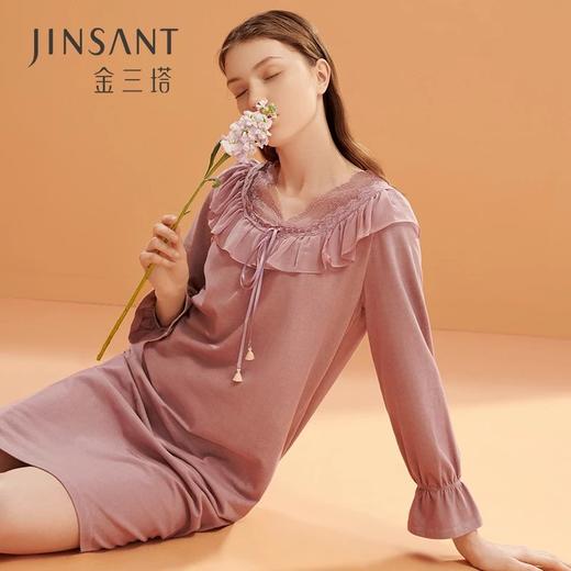 金三塔发热桑蚕丝拉绒素色睡裙 可外穿保暖加厚家居服女士新品 YZFBD302 商品图0