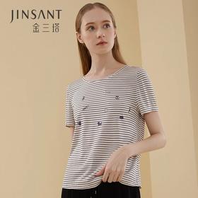 金三塔趣味喵咪真丝条纹女士短袖T恤 桑蚕丝印花打底小衫新品   3YZFBB701