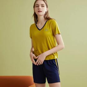 金三塔新品女绢丝V领撞色短袖可外穿衣裤套 YZFBA401