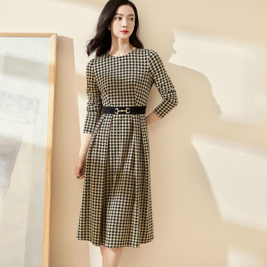 剩S 米思阳2025春季新款时尚千鸟格针织中长裙修身显瘦大摆连衣裙0297 商品图0