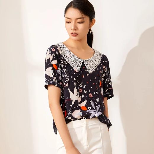 玳莎真丝双绉T恤女 大彼得翻领花边小衫优雅桑蚕丝上衣   BB31106 商品图0