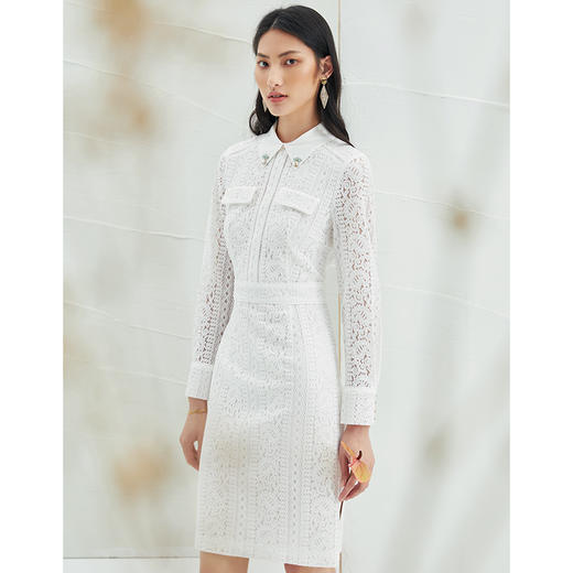 EITIE爱特爱春季新款气质翻领蕾丝温柔白色复古收腰显瘦连衣裙A2207925 商品图1