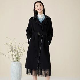 玳莎翻领双面呢大衣女新款冬季黑色收腰宽松中长款毛呢外套 BD39301