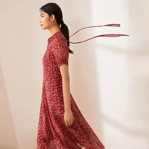 玳莎新品真丝连衣裙乔其印花短袖收腰修身真丝气质显瘦中长款裙子 BB35104 商品图1