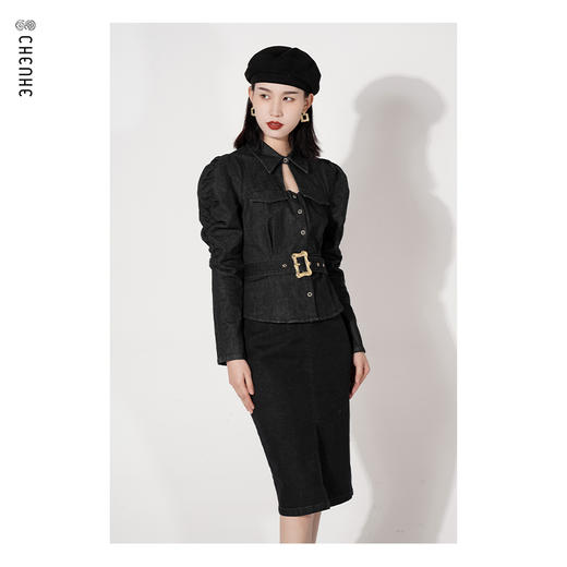 臣禾收腰泡泡袖牛仔上衣K221050301【奥莱】 商品图0