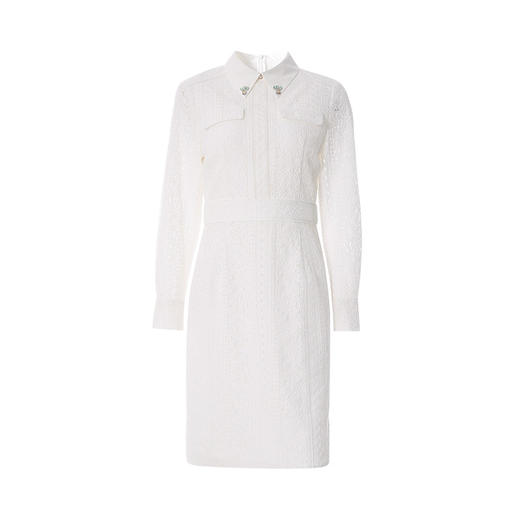 EITIE爱特爱春季新款气质翻领蕾丝温柔白色复古收腰显瘦连衣裙A2207925 商品图4