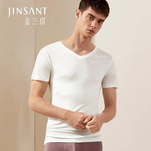 金三塔真丝男士V领短袖T恤纯色100%桑蚕丝男士上衣 1NZMAB740 商品图0
