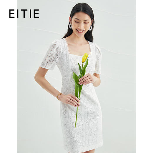 EITIE爱特爱气质方领蕾丝白色连衣裙夏新款修身显瘦百搭通勤B2207908 商品图0