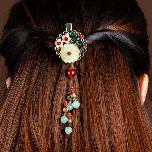 岫玉花朵小发夹成人头饰半扎发盘发边夹顶夹民族风发饰复古流苏女 商品图0