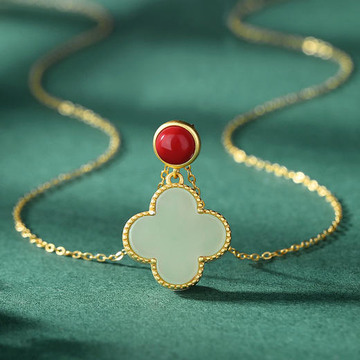 子佩集【四叶草】S925银国潮古法鎏金纯银和田玉锁骨链【JHY-N000588G】 商品图1