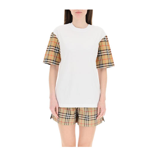 【二】BURBERRY 博柏利 Vintage 格纹衣袖棉质宽松 T 恤衫 女士圆领短袖T恤 白色 8042716 A1464 商品图2