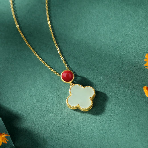 子佩集【四叶草】S925银国潮古法鎏金纯银和田玉锁骨链【JHY-N000588G】 商品图3