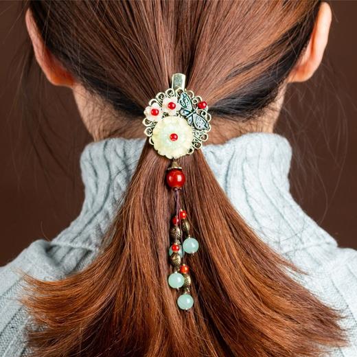 岫玉花朵小发夹成人头饰半扎发盘发边夹顶夹民族风发饰复古流苏女 商品图1