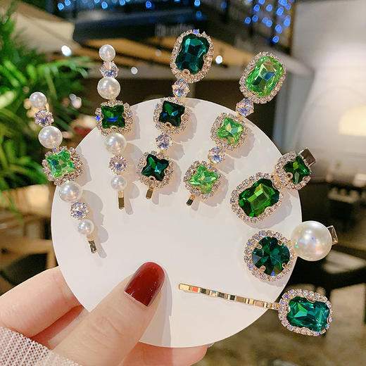 【3-5个装】复古绿色系发夹轻奢水钻珍珠刘海夹女一字夹网红发饰边夹韩国头饰 商品图0